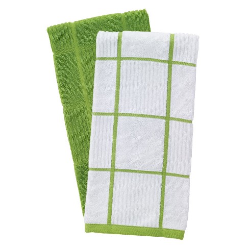 T-Fal Solid and Check Parquet Cotton Kitchen Towel, Two Pack, Green