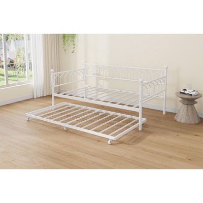 Twin Daybed with Trundle, Multifunctional Convertible Couch Bed with Built-In LED Lights，Metal Day Beds Twin Size, Sofa Bed for Living Room