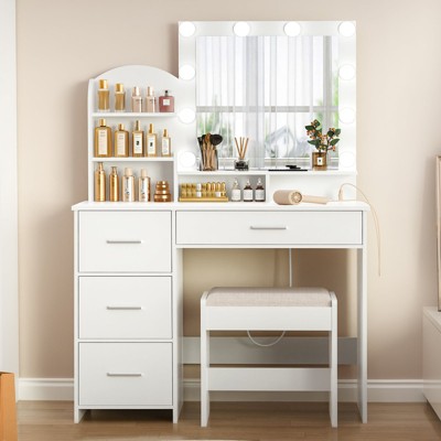 USIKEY Makeup Vanity with 10 Light Bulbs and Charging Station, Vanity Desk with Lighted Mirror & Drawers Chest, White Vanity Set with Cushioned Stool