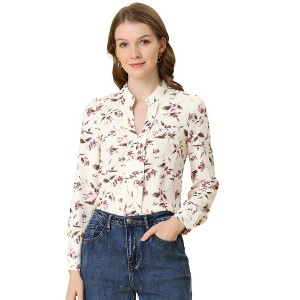 Allegra K Women's Floral Print Split V Neck Office Long Sleeve Blouse - 1 of 4