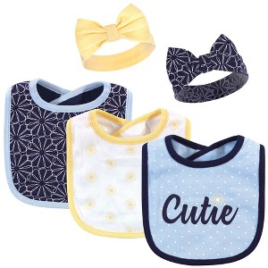 Hudson Baby Infant Girl Cotton Bib and Headband Set 5pk, Blue Daisy, One Size - 1 of 4