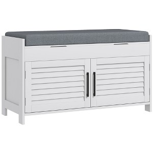 HOMCOM Shoe Bench, Modern Entryway Bench with Cushion and Hidden Compartments, 35.4" Shoe Organizer with Adjustable Shelves and Shutter Doors, White - 1 of 4