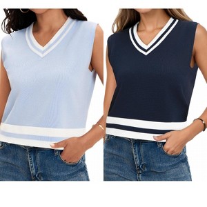 ATHLECHIC Women's Summer Knit Color Block Sleeveless V Neck Loose Fit Preppy Trendy Tank Tops 2 Packs - 1 of 4