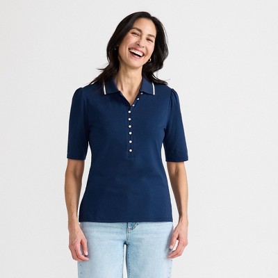 Lands' End Women's Elbow Sleeve Lightweight Jersey Embellished Polo