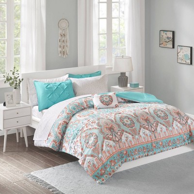 Twin Aqua and Orange Microfiber Boho Bed in a Bag Set