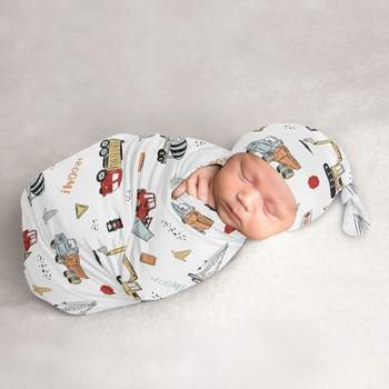 Sweet Jojo Designs Boy Baby Cocoon and Beanie Hat Swaddle Wrap Construction Truck Red Blue and Grey 2pc