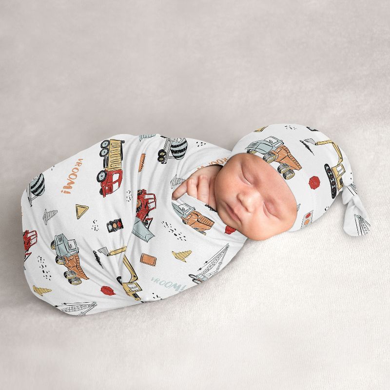 Sweet Jojo Designs Boy Baby Cocoon and Beanie Hat Swaddle Wrap Construction Truck Red Blue and Grey 2pc, 1 of 7