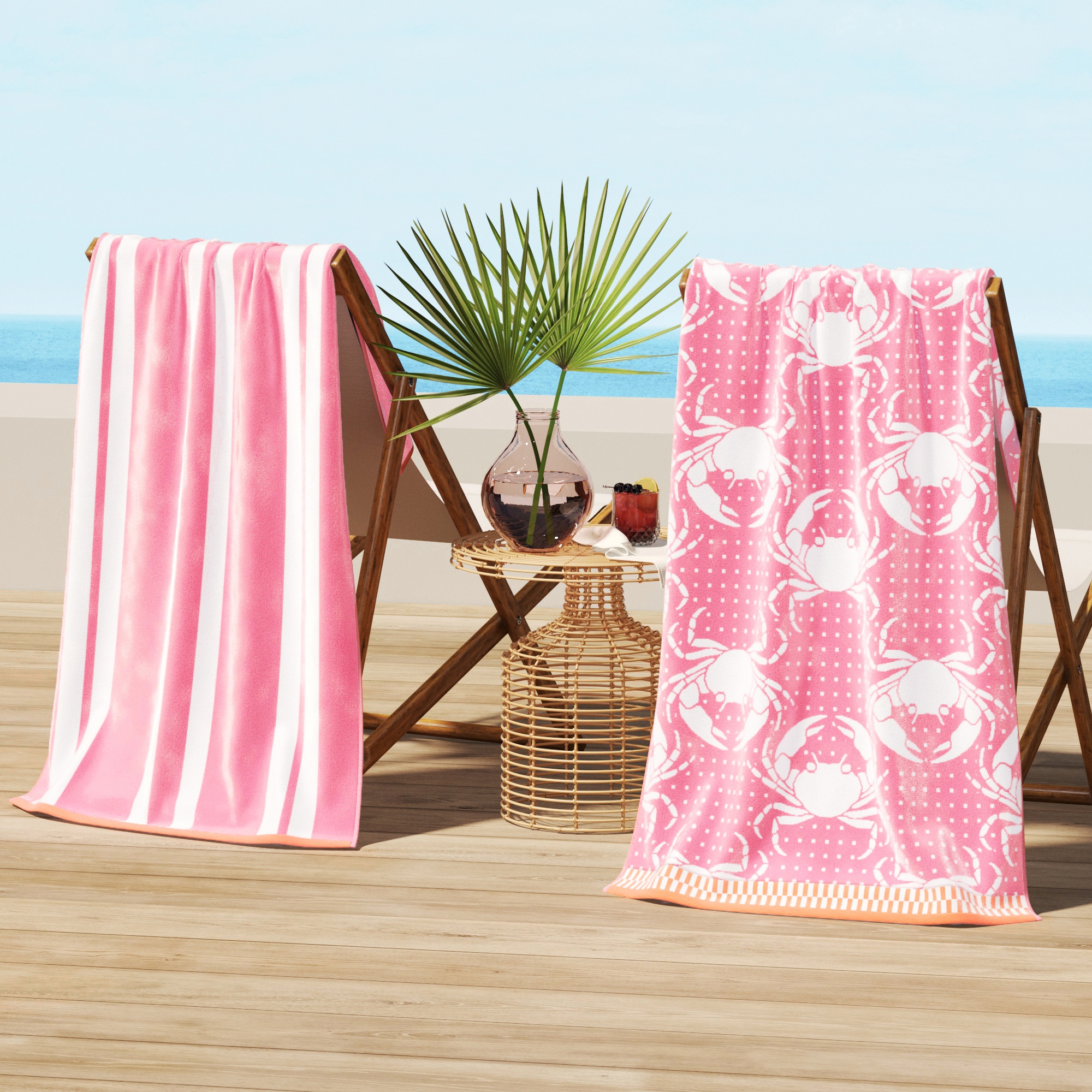 2pk 30" x 60" Pink Crabs and Stripe Cotton Beach Towels - Great Bay Home