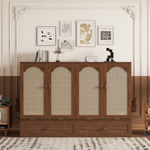 Whisen Queen Murphy Cabinet Bed with Charging Station - Pine Wood & Rattan Design, Foldable Space-Saving Solution - 1 of 4
