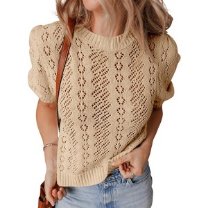 Womens Crochet Sweater with Crew Neck Lantern Short Sleeve Pullover Sweater Summer Tops for Women,Khaki - XL - 1 of 4