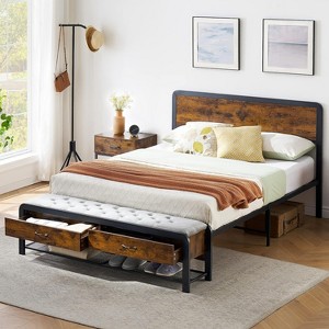 Bed Frame with Wooden Headboard & 2 Storage Drawers, Industrial Platform Bed with Heavy Duty - 1 of 4