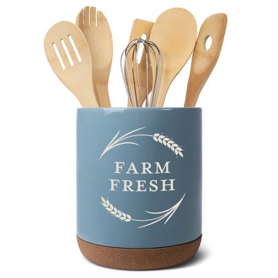 Elanze Designs Farm Fresh Country Kitchen Ceramic Cork Bottom Sky Blue Large Capacity Utensil Holder Crock for Countertop Storage, Stylish & Durable