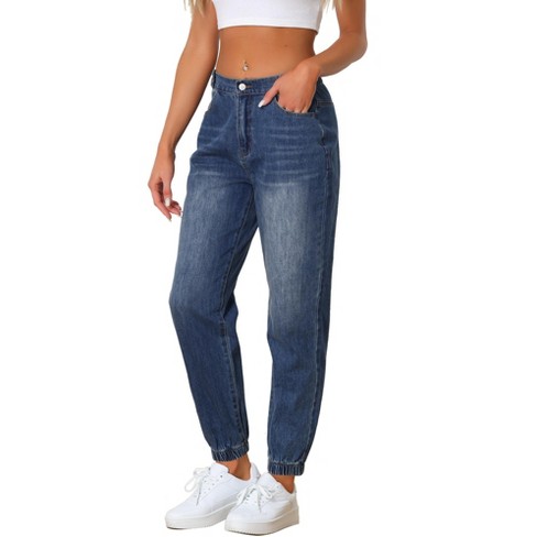 Allegra K Women's Casual High-Waisted Elastic Waist Denim Pants Jeans  Jogger Blue Medium