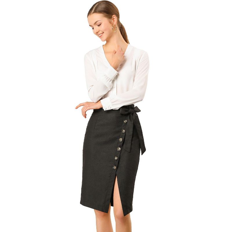 Allegra K Women's Vintage Button Decor Belted Split Front Knee Length Pencil Skirt, 3 of 7