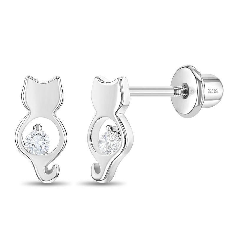 Girls' CZ Kitty Friend Hoop Sterling Silver Earrings - In Season Jewelry, 1 of 7
