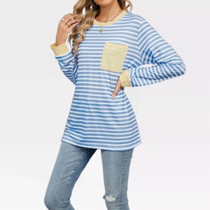 Womens Long Sleeve Tops Stripe Layered Look Top Lightweight Color Block Basic Tops Soft Sweatershirts Crew Neck T Shirt with Pockets - 1 of 4