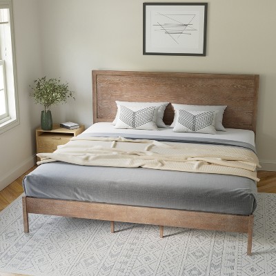 King Light Brown Solid Wood Platform Bed with Headboard