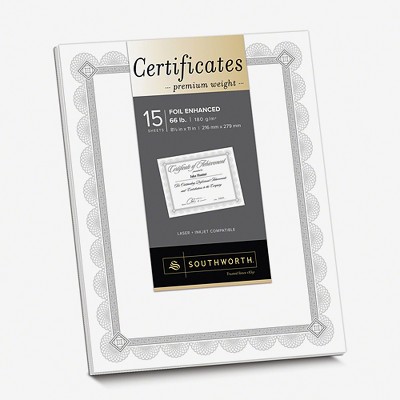 Southworth Premium Certificates White Spiro Silver Foil Border 66 lb  8 5 x 11 15/Pack CTP2W