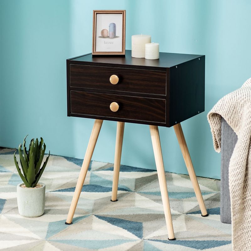 Costway Mid Century Modern 2 Drawers Nightstand Sofa Side Table End Table Espresso, 3 of 11