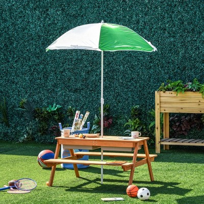 Natural Fir Wood Kids Picnic Table with Green Umbrella and Storage