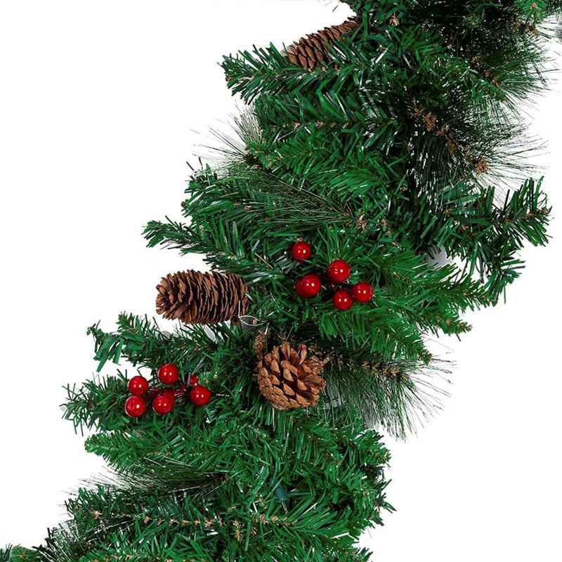 9Ft Pre-lit Artificial Christmas Garland,  Artificial Green with 50 Lights Silver Bristle Pine Cones Red Berries for Indoor Outdoor Decorations, 3 of 7