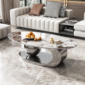 DOMETOUR 51 Inches Oval Faux Marble Coffee Table for Living Room with Stainless Steel Base - 1 of 4