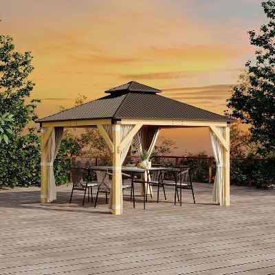 12x12FT Hardtop Gazebo,Wooden Gazebos with Solid Spruce Frame and Aluminum Double Roof,Curtains and Netting Included, Outdoor Gazebo