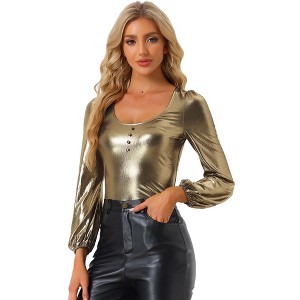 Allegra K Women's Scoop Neck Lantern Sleeve Shiny Metallic Glitter Tops - 1 of 4