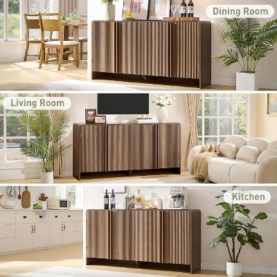 AMERLIFE Fluted Sideboard Buffet Cabinet with Storage, 63" Modern Console with 4 Doors and Adjustable Shelves for Dining Room, Kitchen, Brown — фото 8