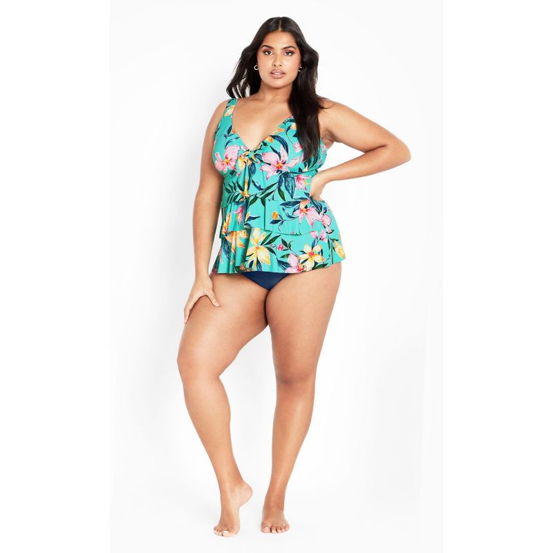 Women's Plus Size Ruffled Print Tankini Top - turquoise tropics | AVENUE, 1 of 5