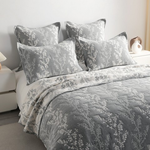 NTBAY 5 Piece Cotton Muslin Bedding Set, Three-layer Bed Blanket and Pillow Shams, Soft Yarn Dyed Quilt Set