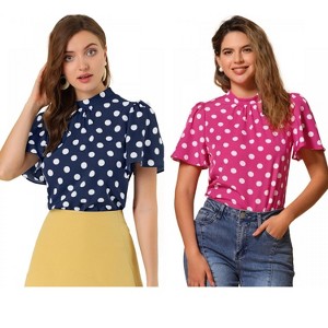 INSPIRE CHIC Women's Polka Dots Stand Collar Pleat Keyhole Back Short Flare Sleeve Tops 2 Packs - 1 of 4