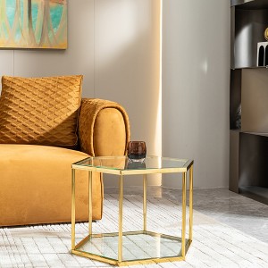 Small Stainless Steel Coffee Table with Double-Layer Tempered Glass and Polygonal Design for Living Room - 1 of 4