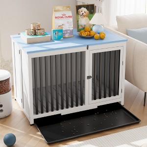 39.5in Furniture Dog Crate, Large/Medium Dog Crate End Table, Solid Wood Portable Foldable Indoor, No Assembly Needed (White and Blue) - 1 of 4