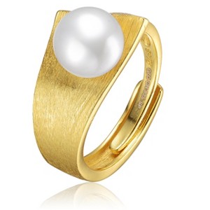 Guili Sterling Silver Gold Plated Adjustable Linear Ring with Genuine Freshwater Pearl, versatile for a sleek and modern minimalist style. - 1 of 3