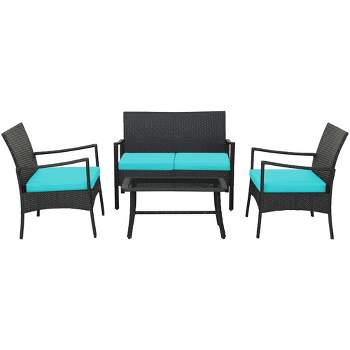 Tangkula 4PCS Patio Rattan PE Wicker Furniture Conversation Set w/ Sofa Chair & Table
