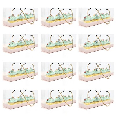 Sparkle and Bash 12 Pack Clear Bakery Boxes with Gold Rope Handle and White Inserts, 4 Compartments, 12.7 x 4.7 x 3.6 In