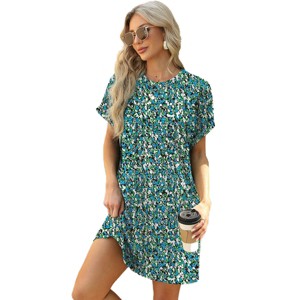 Womens Cauual T Shirt Dress Summer Shift Sundess Floral A Line Lounge Dress V Neck Floral Mini Dress Short Sleeve Beach Dress - 1 of 4