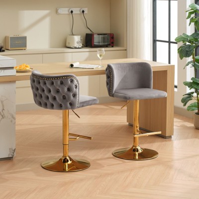 NicBex Bar Stools Set of 2 Height Adjustable Swivel PU Leather Counter Stools with Button Tufted Back and Gold Base for Bar, Kitchen