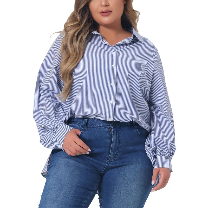 Agnes Orinda Women's Plus Size Button Down Collared Long Sleeve Classic Casual Office Striped Blouse, 2 of 5