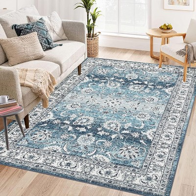 Area Rug Large Washable Rugs for Living Room Non Slip Low Pile Aesthetic Carpet Indoor Soft Floor Carpet Vintage Oriental Distressed