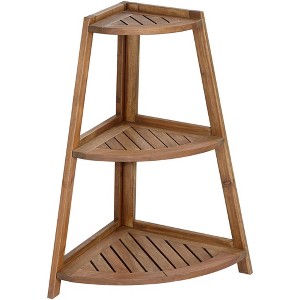 Teal Island Designs Farmhouse Rustic Acacia Wood Triangular Indoor Outdoor Plant Stand 25" Wide Brown Tapering Slatted Frame 3-Shelf for Patio House - 1 of 4