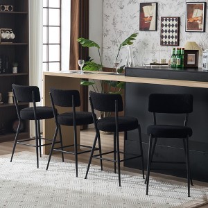 CIPACHO Set of 2 modern teddy fabric upholstered bar stools - Metal base high stool - Suitable for kitchen, dining and living room - Black - 1 of 4