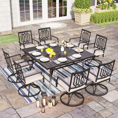 Captiva Designs 9pc Spacious Slat-top Square Metal Table with Umbrella Hole & Swivel Steel Chairs