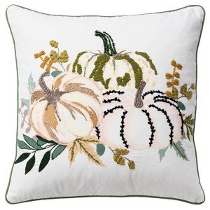 20"x20" Pumpkins Square Throw Pillow Cover Green/Ivory - Rizzy Home: Canvas Cotton, Pet Friendly with Hidden Zipper - 1 of 4