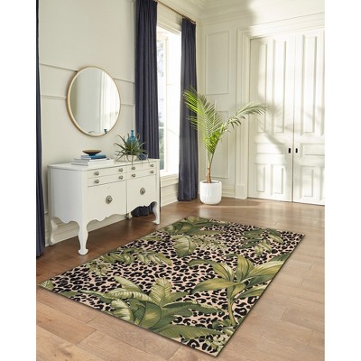 Round Black and Beige Tropical Leopard Print Indoor/Outdoor Rug