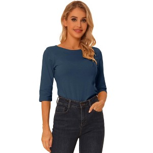 INSPIRE CHIC Women's Classic Solid Elbow Sleeves Round Neck Slim Fit T-Shirts - 1 of 4