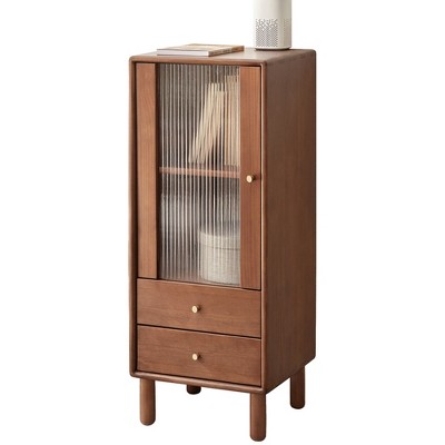 Dolonm Solid Oak Storage Cabinet with Vintage Glass Door and Brass Handle, 2 Shelves- Free-Standing Corner Design for Living Room