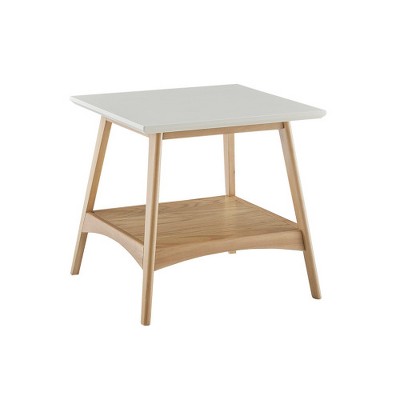 MAXZZZ Mid-Century Modern 2-Tone Wood Side Table with Off-White Top & Storage Shelf, Living Room Accent Piece