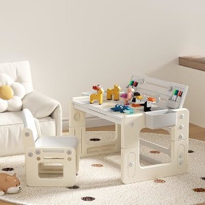 Aoibox 4-in-1 Toddler Activity Table and Chair Set with 100 Building Blocks Adjustable Height Double-Sided Gray - 1 of 4